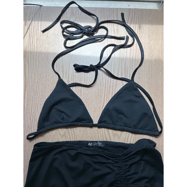 New AMI 2Pc String Bikini👙Top & Skirt Cover up Sarong Black fit Medium Large XL - Image 4