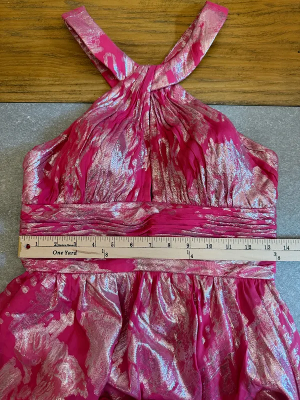 Aidan Mattox Pink Silk Silver Metallic Halter Gown Size 4 - Image 8