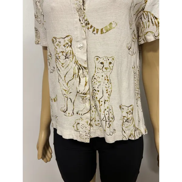 Vintage Big Cat Print Short Sleeve Button Down Shirt Ivory Gold Tiger Cheetah - Image 2