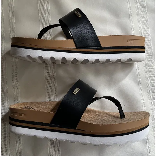 REEF Cushion Sol Hi Platform Flip Flop Sandals Black Tan Womens 9 Cork Wedge EUC - Image 3