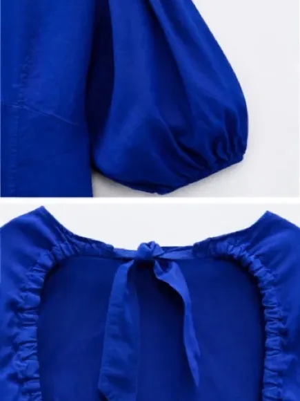 NWT Zara Royal Blue Linen Blend Open Back Puff Sleeve Mini Dress XS - Image 8