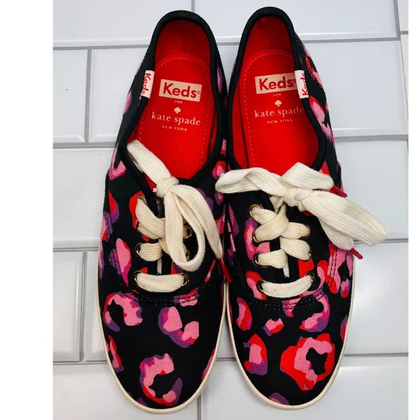 Keds Kate Spade Leopard Sneakers Womens 6 Black Pink Red Low Top Lace Up - Image 2