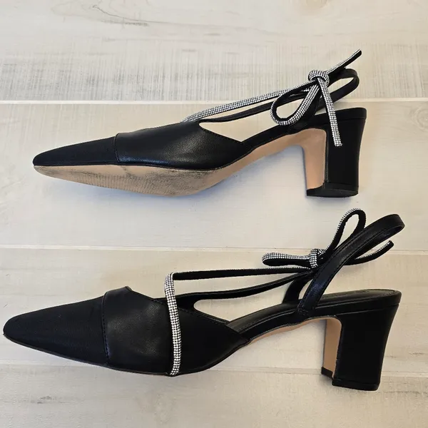 {11} Coutgo Rhinestone Slingback Chunky Heel Pointes Toe Black - Image 10