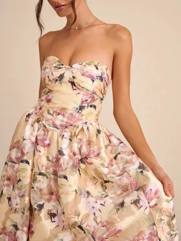 Lulu's Kathani Light Yellow Floral Jacquard Bustier Maxi Dress NWT Size S - Image 2