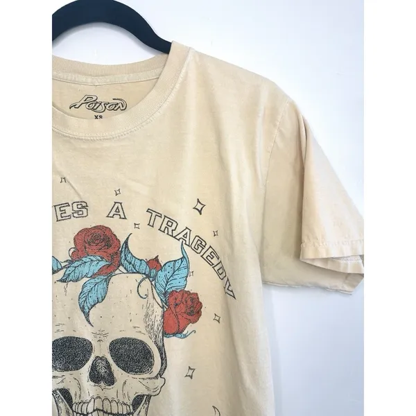 Poison Band Tee T-Shirt XS Skull Roses Life Loves A Tragedy Graphic Retro‎ Cream - Image 4