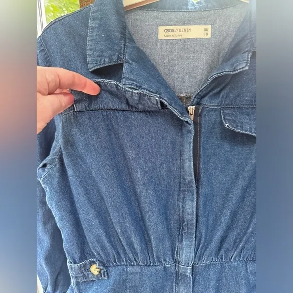NWOT Rare ASOS Denim Jean Jumpsuit Romper with front zipper and button detail - Image 9