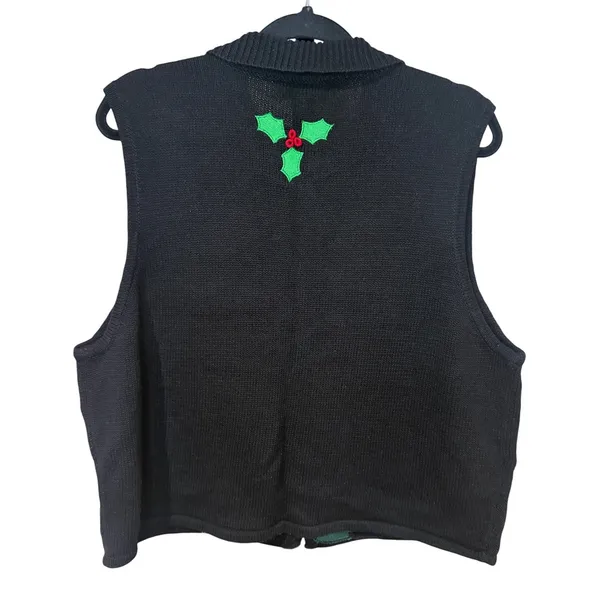 Bechamel Christmas Sweater Vest Large Black Poinsettia Holly Zip Up Knit - Image 3
