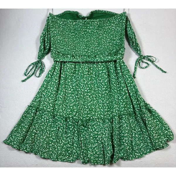 Lulus Green Floral Smocked Off-The-Shoulder Mini Dress NWT Medium - Image 3
