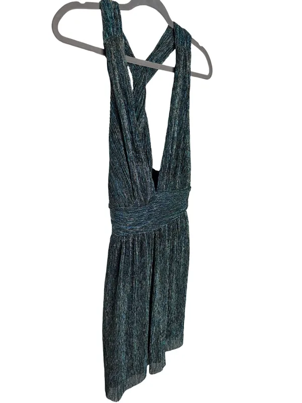 ✨‎ Lulus Ailey Gold & Teal Metallic Plissé Halter Mini Dress NWT Size L ✨ - Image 3