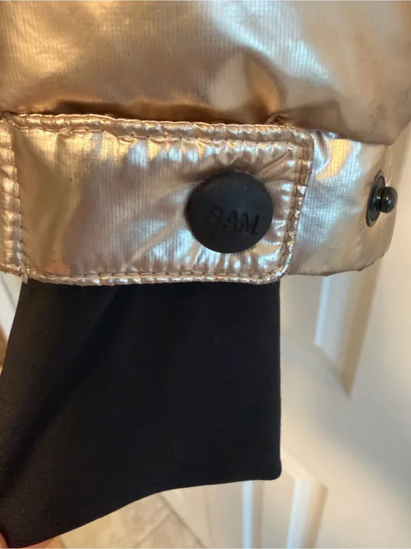 SAM. Women’s Medium Metallic Gold Puffer Jacket Real Fur Hood Trim Zipper Close - Image 7