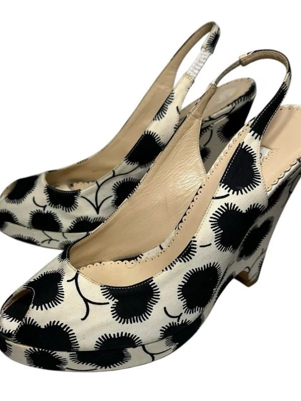 Oscar de la Renta Women’s 37.5 7.5 Black Cream Floral Slingback Platform Wedges - Image 2