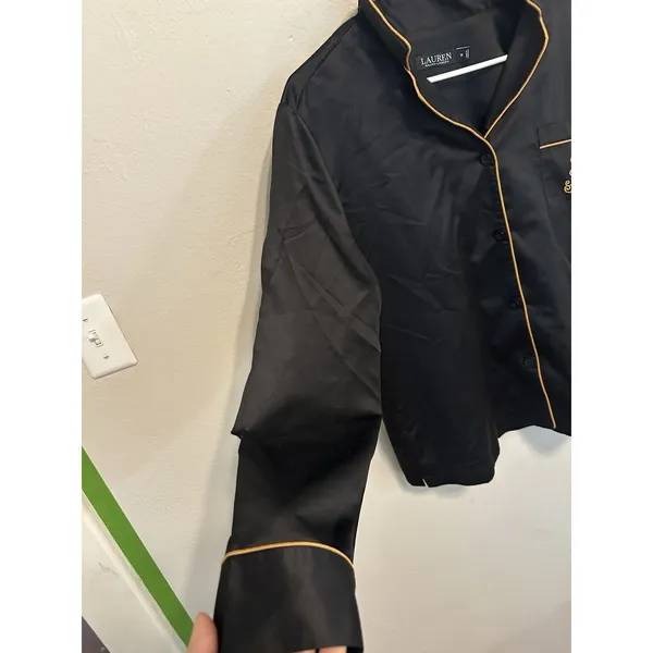 Lauren Ralph Lauren Black Satin Pajama Top Size Medium Printed Pipe Top Preppy - Image 5
