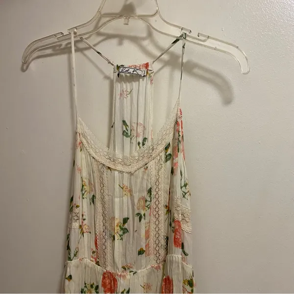 Chloe K Womens Mini Dress XL 38” Beige Pleated Floral Boho Print Blue Orange - Image 3