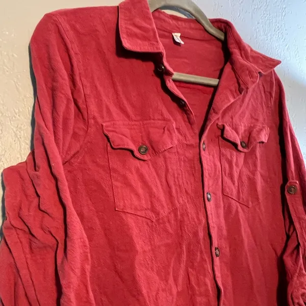 Over the Horizon Red Jean Jacket Button-Up Collared V Neck Pocketed SZ XL Top - Image 6