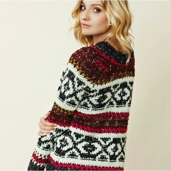 FREE PEOPLE Silver Reed Chunky Knit Fairisle Fair Isle Sweater Wool Linen Small - Image 9