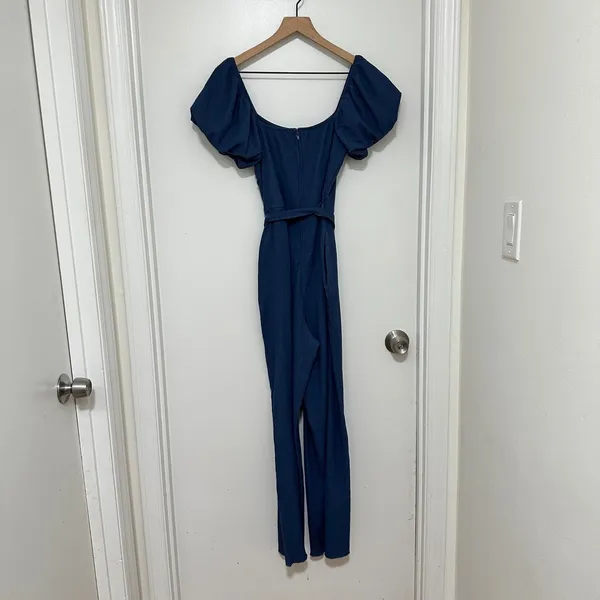 Trixxi Los Angeles |‎ Navy Blue Puff Sleeve Textured Wide Leg Jumpsuit, Size M - Image 3