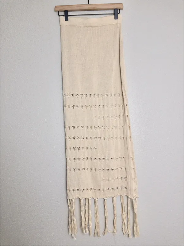 NWT [SET] Micas Knit Fringe Maxi Skirt M Beige Tassel Sheer Slit Bandeau Top - Image 3
