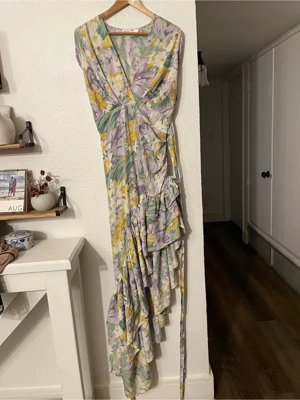 Bronx and Banco Lavender, Yellow & Green Floral High-Low Maxi Dress - Image 4