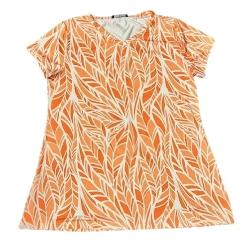 Bon Apple Tea Womens XL Orange White Leaf Print Tunic Blouse Tropical‎ Resort - Image 2