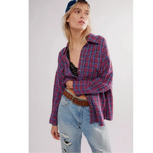 Free People Oversized Bohemian Grunge Cardiff Plaid Swing Top Shirt Small Preppy - Image 5