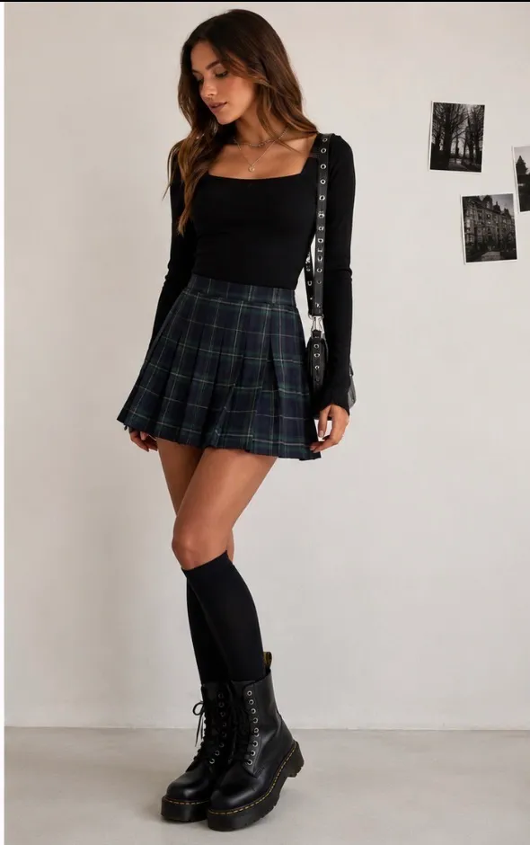 SheIn Green Navy Plaid Pleated Mini School Girl Skirt Dark Academia L - Image 8