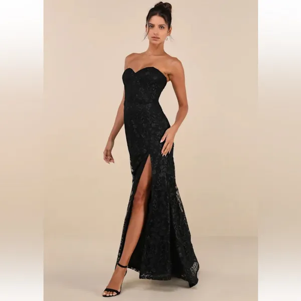 Lulus Romantic Beauty Black Floral Embroidered Strapless Maxi Dress C26‎ - Image 2