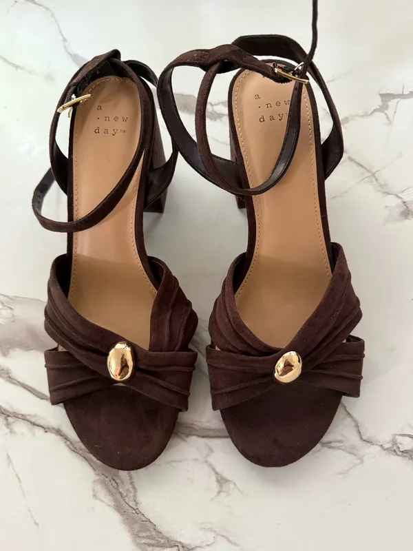 Women’s Dark Brown Faux Suede Block Heel Sandals – Ruched Toe Strap Ankle Buckle Heels - Image 4