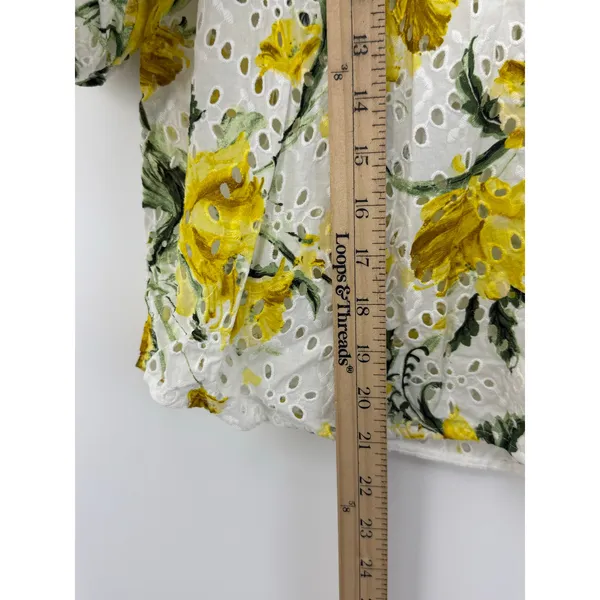 Chico’s Floral Eyelet Button-Front Puff Sleeve Blouse White Yellow Size 1 (US 8) - Image 7