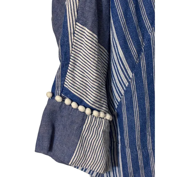 NIC+ZOE Linen Blend Striped Tunic Top Mini Dress Large Blue White Pom Trim - Image 12