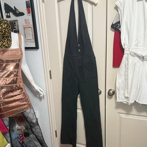 We The Free People Cruz Black Denim Halter Jumpsuit Minimalist Boho Festival - Image 3