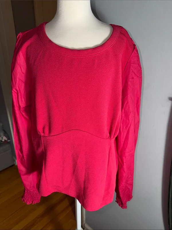 Anthropologie Cherry Red Long-Sleeve Peplum Blouse - Image 2