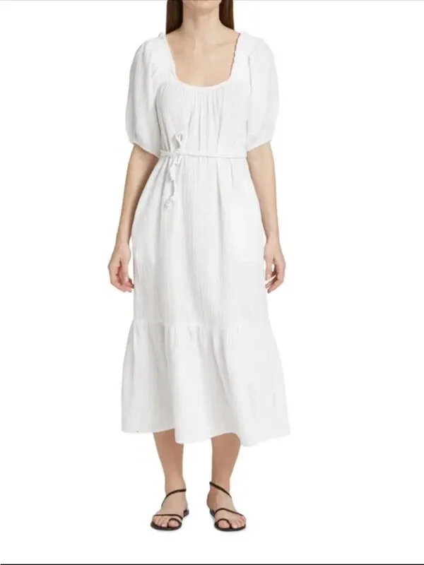 XiRENA Sofia Cotton Gauze Midi Dress White Size S Small Boho Puff Sleeve Ruffle - Image 3