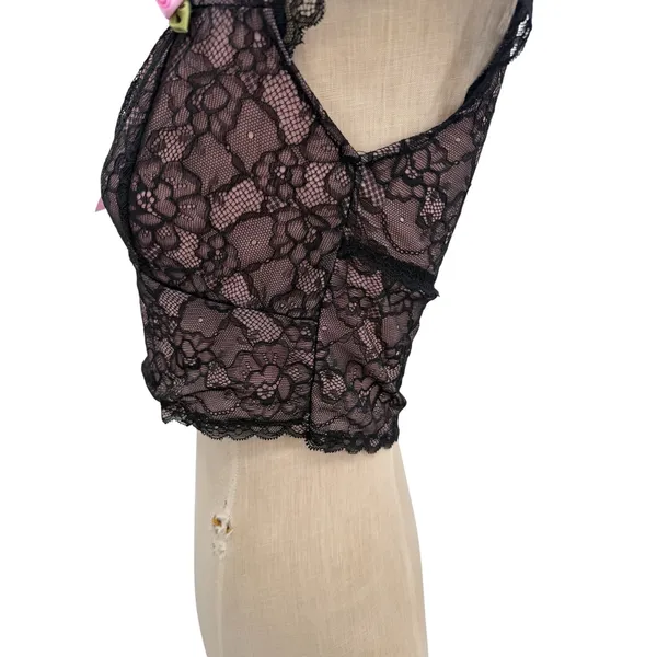 Sugar Thrillz Dolls Kill Lace Crop Top Black Pink Bow Sheer Floral NWT Medium - Image 6