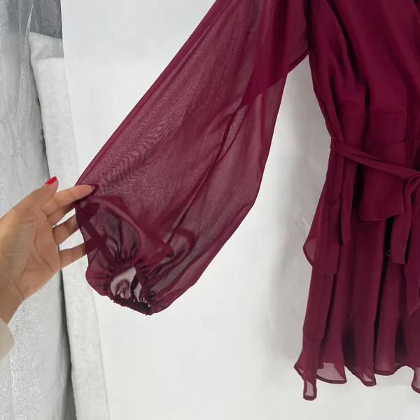 Altar'd State Mini Dress Womens M Red Tie Waist Balloon Sleeve Ruffle Wrap Front - Image 7