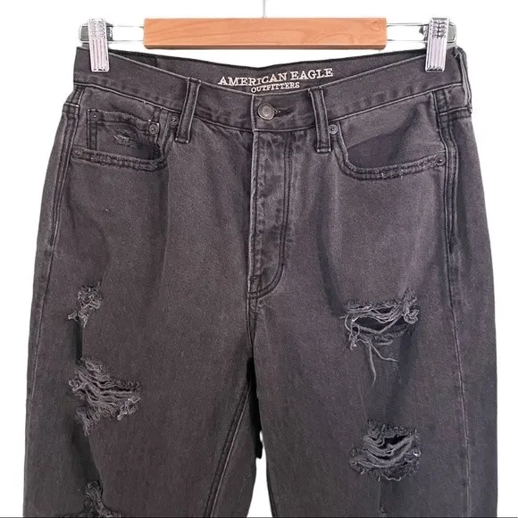 American Eagle Jeans Size 6 Black Ripped Distressed High Rise Straight Leg Y2K - Image 3