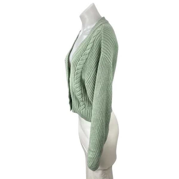 H&M Women's Green Cable Knit Ribbed V Neck Button Up Cardigan Sweater Top Size S - Image 3