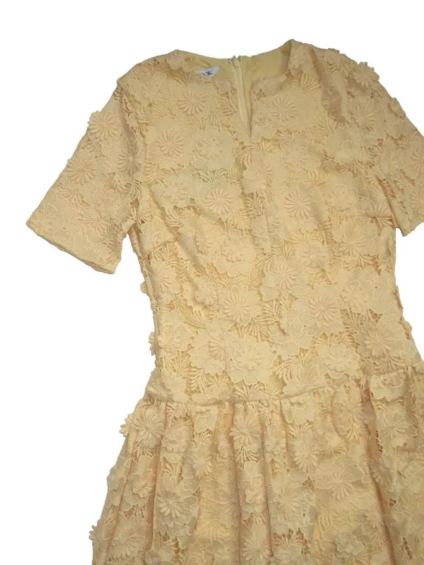 NWT Misook Lace Pleated Drop Waist Maxi in Pale Gold Applique Petal Dress XS - Image 4