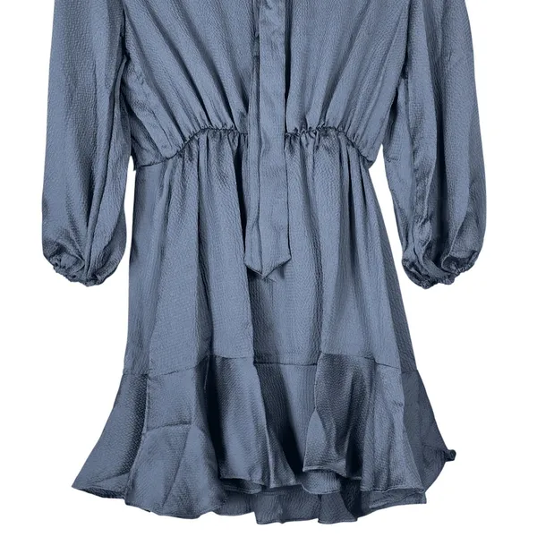 Vici Mini Dress Gray Ruffle Tie Back Textured Ballon Sleeve Coquette Size M - Image 5
