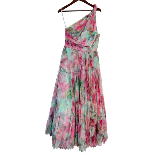 Hutch Philippa One Shoulder Floral Tulle Midi Dress Pink Mint Size 2 NWT - Image 2