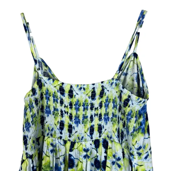 Aerie Floral Tie Dye Keyhole Mini Dress Blue Green Boho Smocked Size M - Image 5