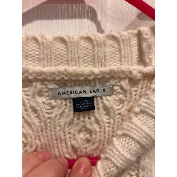 American Eagle Women L Cream Black Striped Cable‎ Knit Crew Neck Sweater Relaxed - Image 4