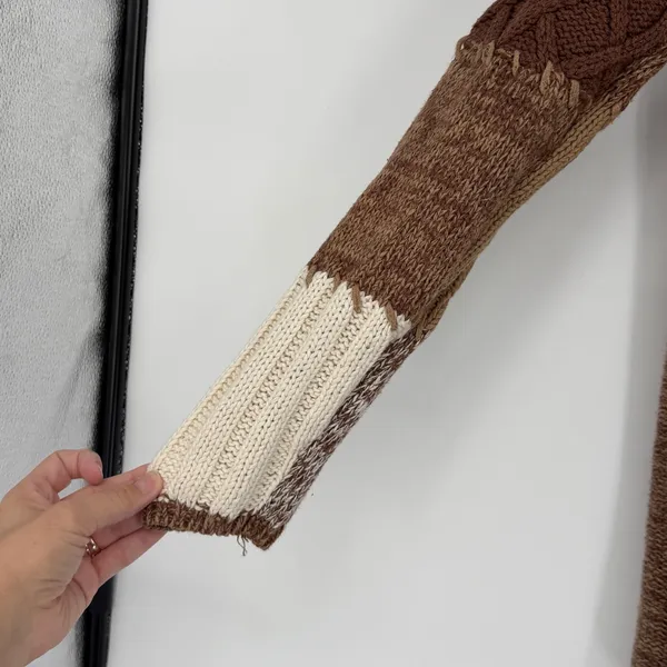 Patchwork Cable Knit Roll Neck‎ Sweater Tunic Brown Cream Size L - Image 3