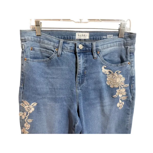 Nicole Miller Soho Bootcut Jeans Womens 8 Blue Excellent Floral Embroidered High - Image 14