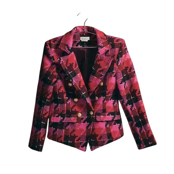Anthropologie Exploded Plaid Tweed Blazer Medium Red Pink Gold Button Jacket - Image 11