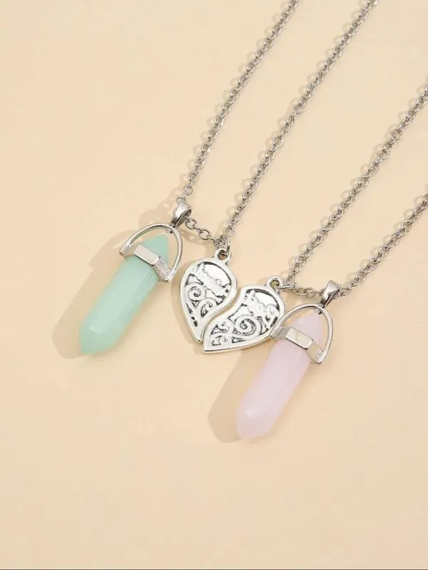 Silver Heart Best Friend Crystal Stone Necklaces - Image 2