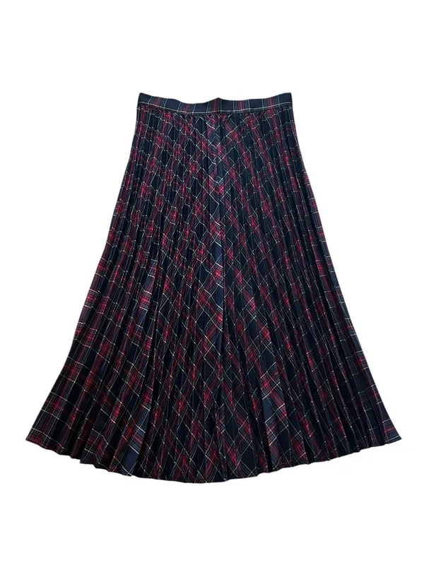 FORE Womens Pleated Midi Skirt Blue Red Plaid Preppy Dark Academia Grunge Modest - Image 4