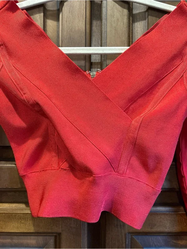 🌸WOW COUTURE Red Bandage Crop Top Sheer Mesh Long Sleeve Zip S - Image 5
