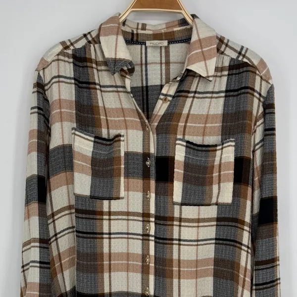 Anthropologie Pilcro Relaxed Long-Sleeve Checkered Shirt Small Brown Plaid Boho Casual Flannel - Image 5