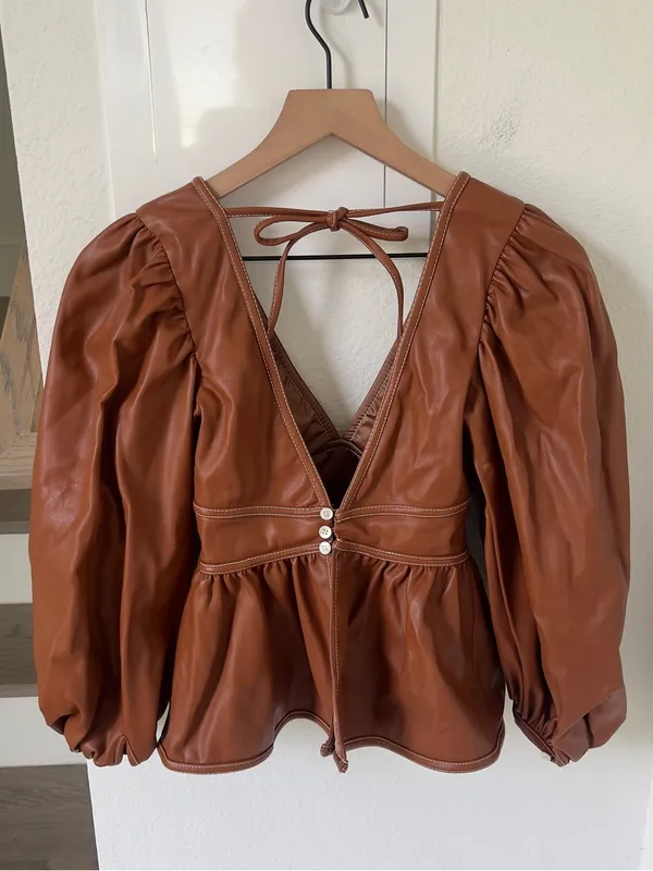 Staud Luna Vegan Leather Peplum Top - Whisky Brown - Image 4