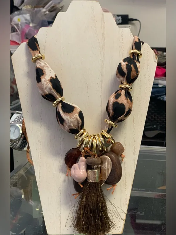 Leopard Print Chunky Brown Tassel Statement Necklace - Unbranded Boho Safari - Image 3